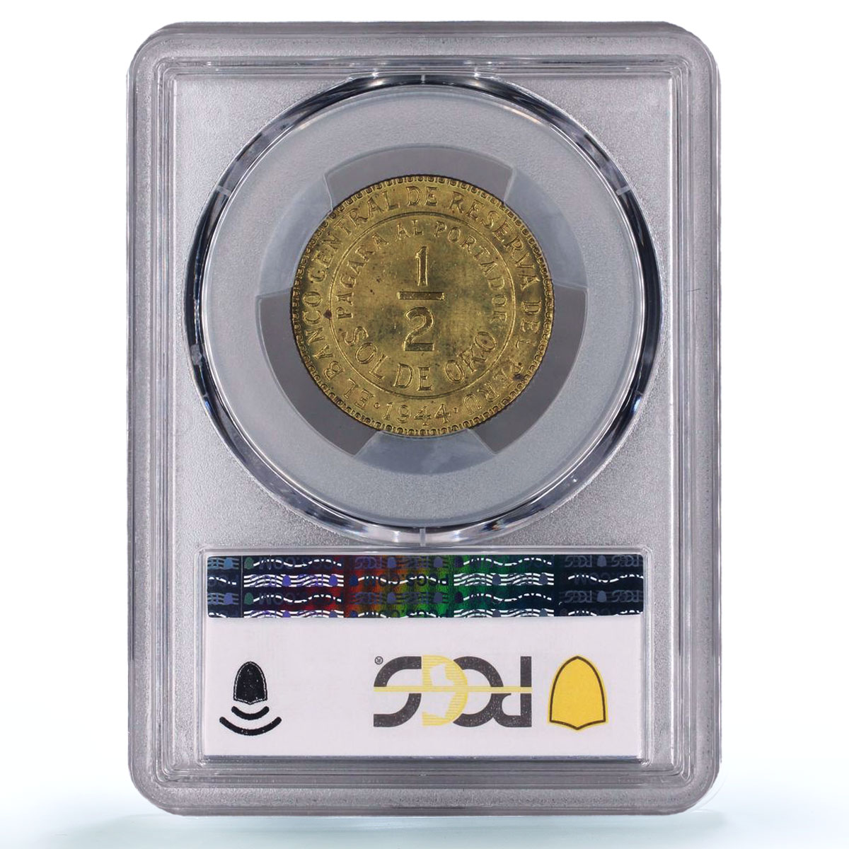 Peru 1/2 sol Republic Coinage Central Bank Arms MS65 PCGS brass coin 1944
