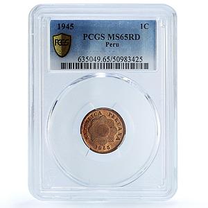 Peru 1 centavo Republic Coinage Radiant Star KM-211a MS65 PCGS bronze coin 1945