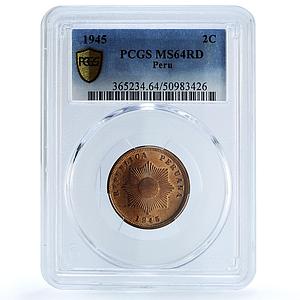 Peru 2 centavos Republic Coinage Radiant Star KM-212 MS64 PCGS bronze coin 1945