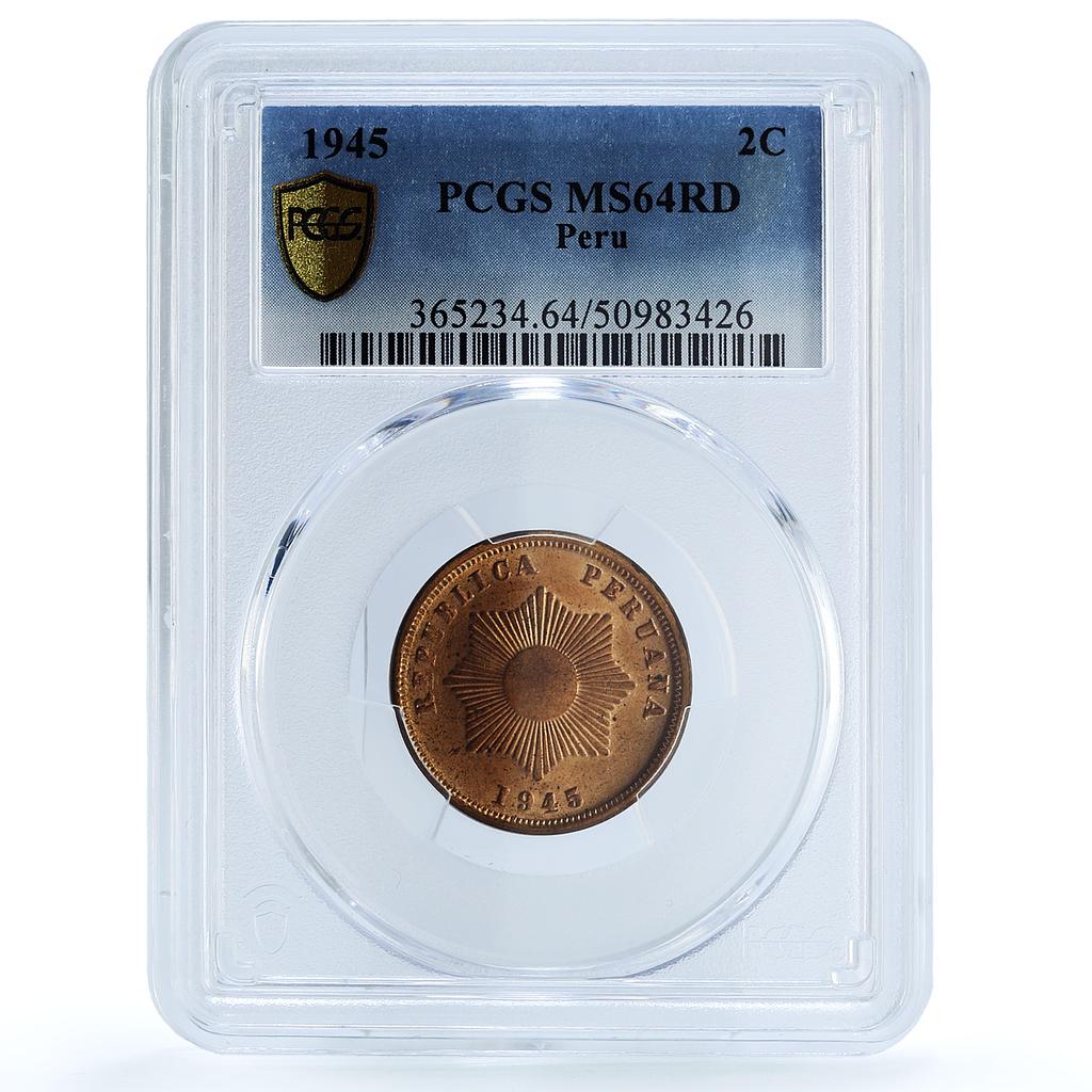 Peru 2 centavos Republic Coinage Radiant Star KM-212 MS64 PCGS bronze coin 1945 Peru 2 centavos Republic Coinage Radiant Star KM-212 MS64 PCGS bronze coin 1945