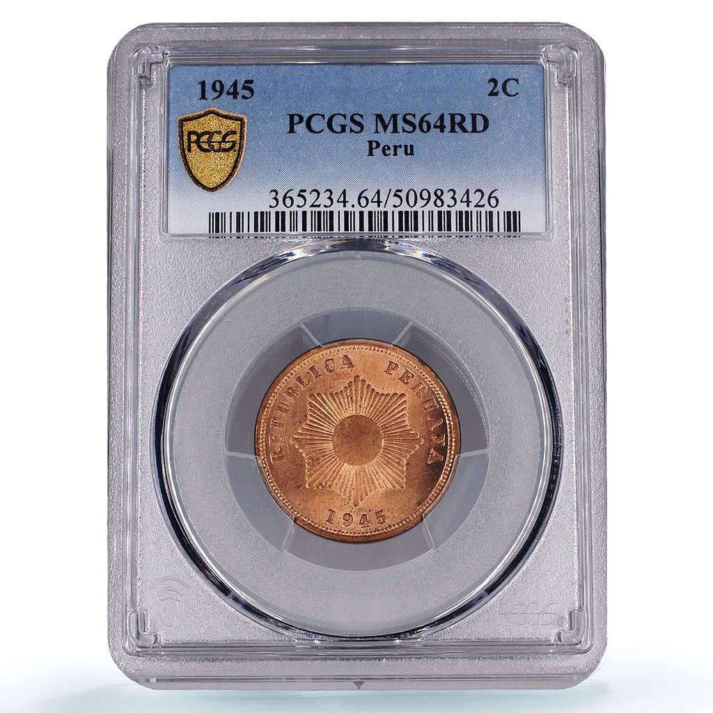 Peru 2 centavos Republic Coinage Radiant Star KM-212 MS64 PCGS bronze coin 1945