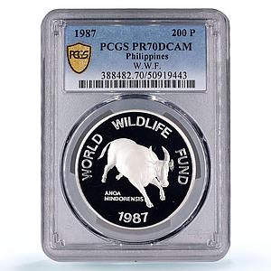 Philippines 200 piso Mindoro Bull Wildlife WWF Fauna PR70 PCGS silver coin 1987