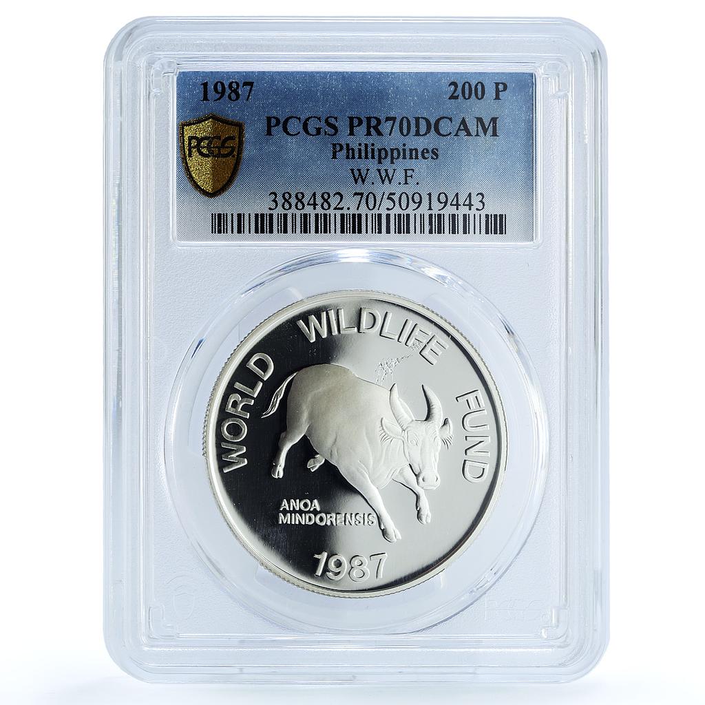Philippines 200 piso Mindoro Bull Wildlife WWF Fauna PR70 PCGS silver coin 1987 Philippines 200 piso Mindoro Bull Wildlife WWF Fauna PR70 PCGS silver coin 1987
