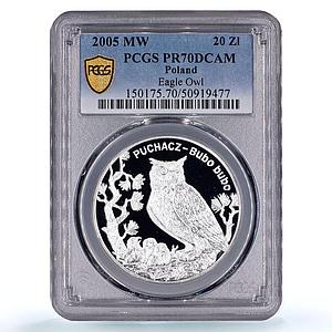 Poland 20 zlotych Puchacz Eagle Owl Birds Fauna PR70 PCGS silver coin 2005