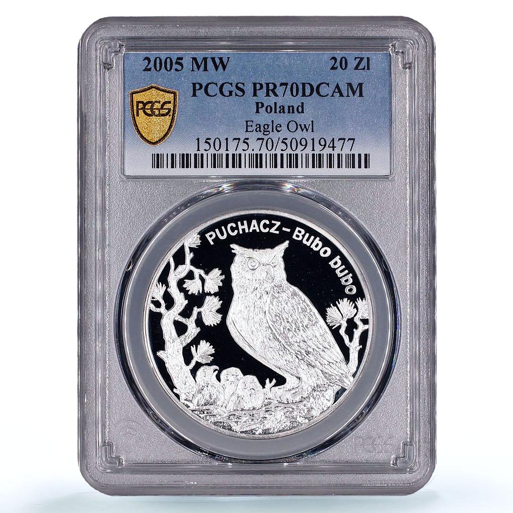 Poland 20 zlotych Puchacz Eagle Owl Birds Fauna PR70 PCGS silver coin 2005