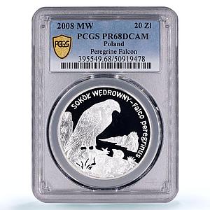Poland 20 zlotych Sokol Falcon Animals Birds Fauna PR68 PCGS silver coin 2008