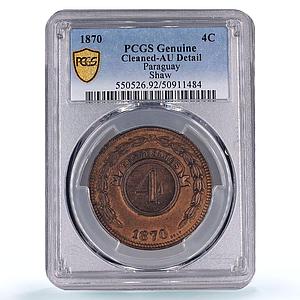 Paraguay 4 centesimos Republic Coinage SHAW Variety AU PCGS copper coin 1870