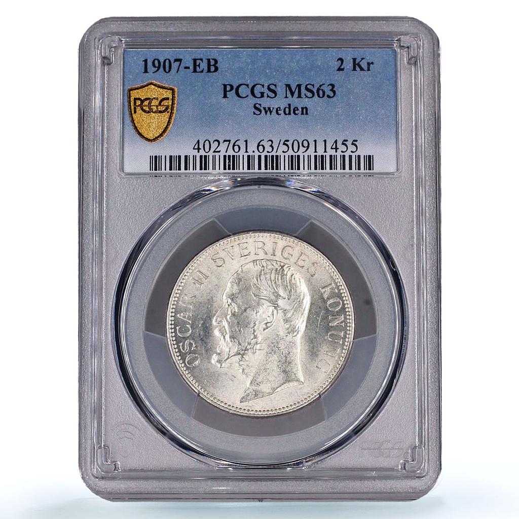 Sweden 2 kronor King Oscar II Coinage KM-773 MS63 PCGS silver coin 1907