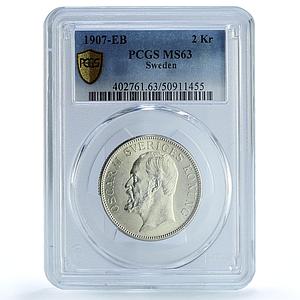 Sweden 2 kronor King Oscar II Coinage KM-773 MS63 PCGS silver coin 1907