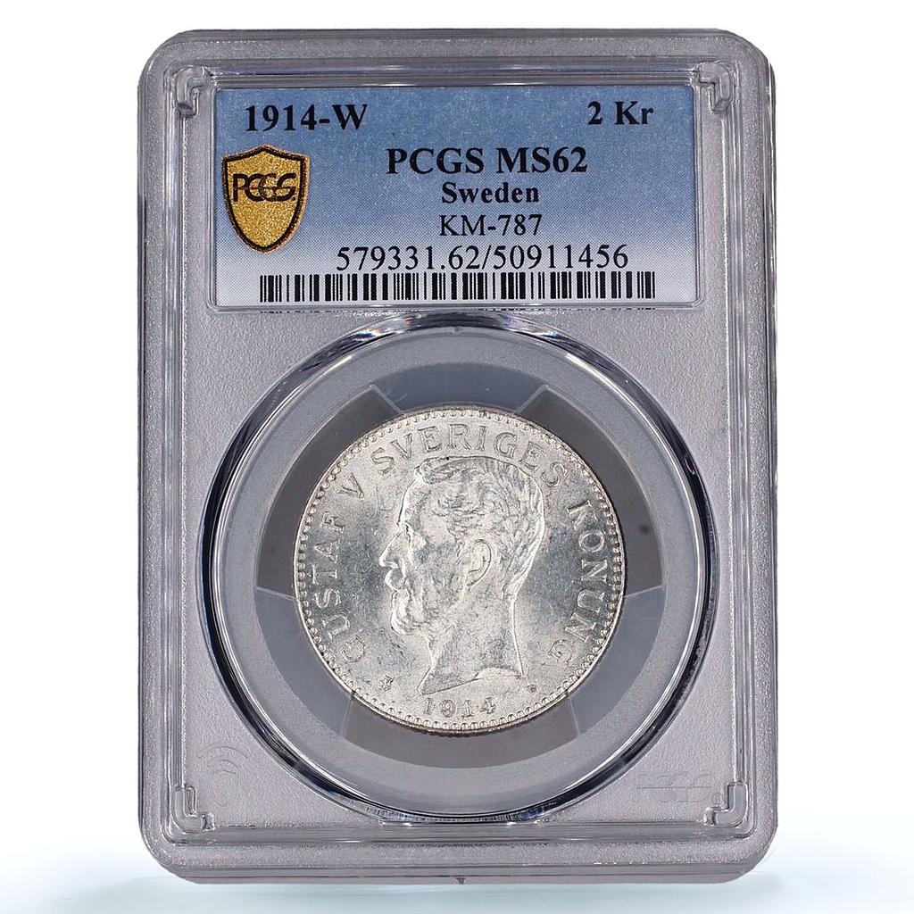 Sweden 2 kronor King Gustaf V Coinage KM-787 MS62 PCGS silver coin 1914