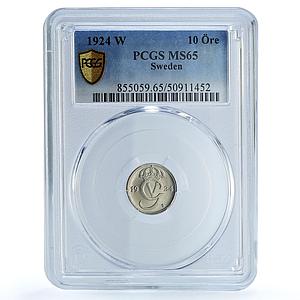 Sweden 10 ore King Gustaf V Coinage KM-795 MS65 PCGS NiBrass coin 1924