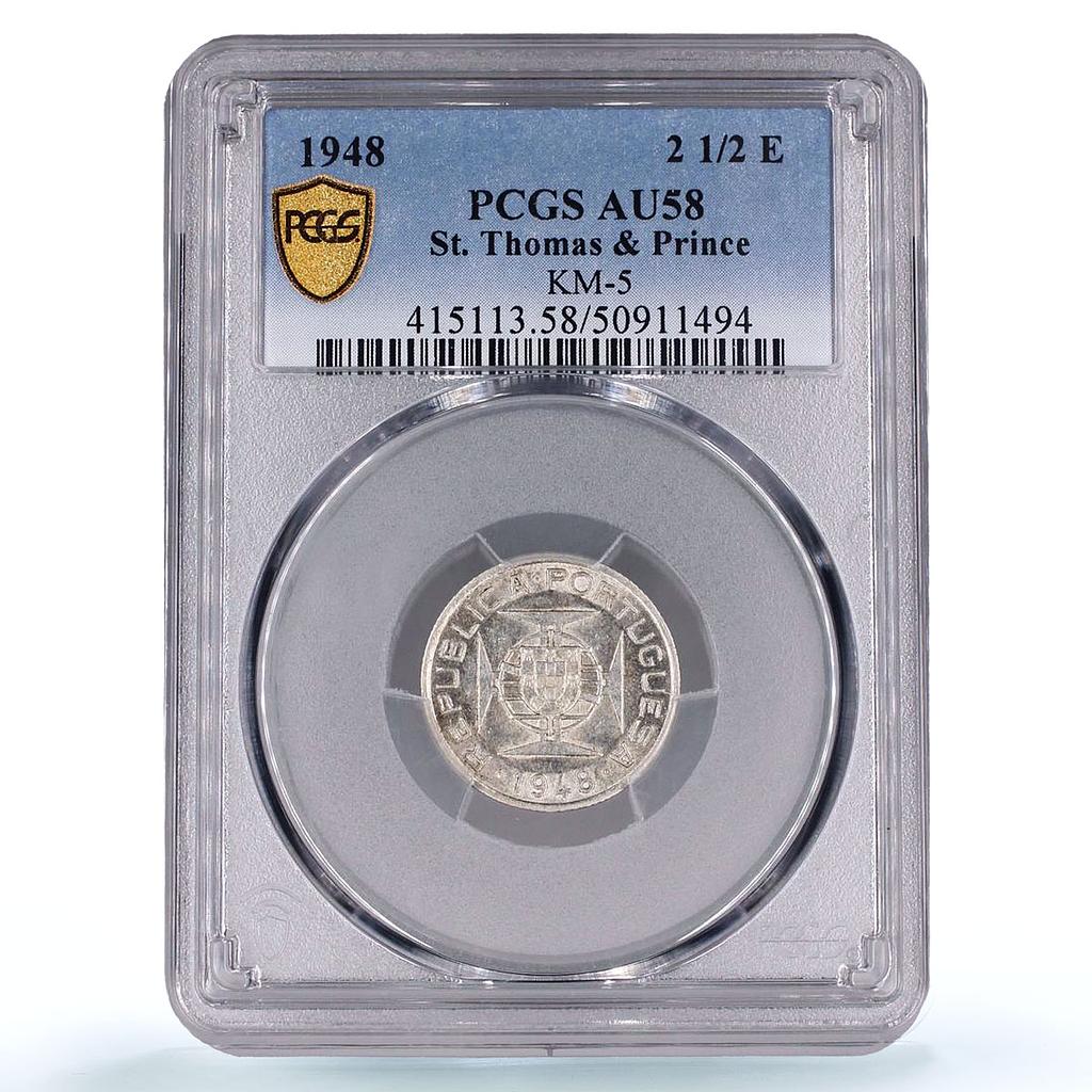 Sao Tome 2 1/2 escudos Portugal Coinage KM-5 AU58 PCGS silver coin 1948