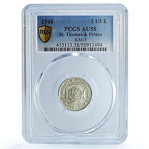 Sao Tome 2 1/2 escudos Portugal Coinage KM-5 AU58 PCGS silver coin 1948