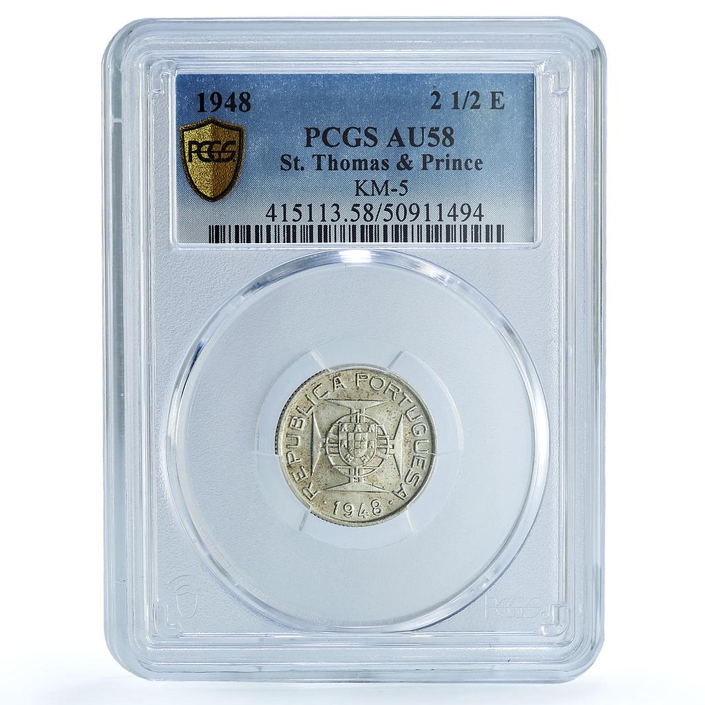Sao Tome 2 1/2 escudos Portugal Coinage KM-5 AU58 PCGS silver coin 1948 Sao Tome 2 1/2 escudos Portugal Coinage KM-5 AU58 PCGS silver coin 1948