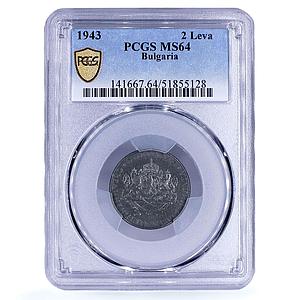Bulgaria 2 leva King Boris III Coinage KM-49 MS64 PCGS iron coin 1943