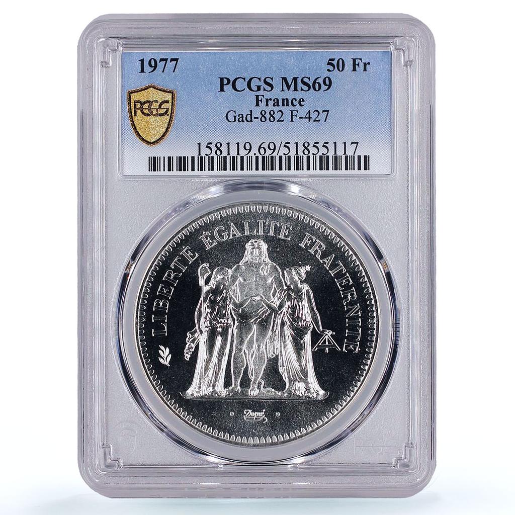 France 50 francs Hercules Liberty Egality Fraternity MS69 PCGS silver coin 1977
