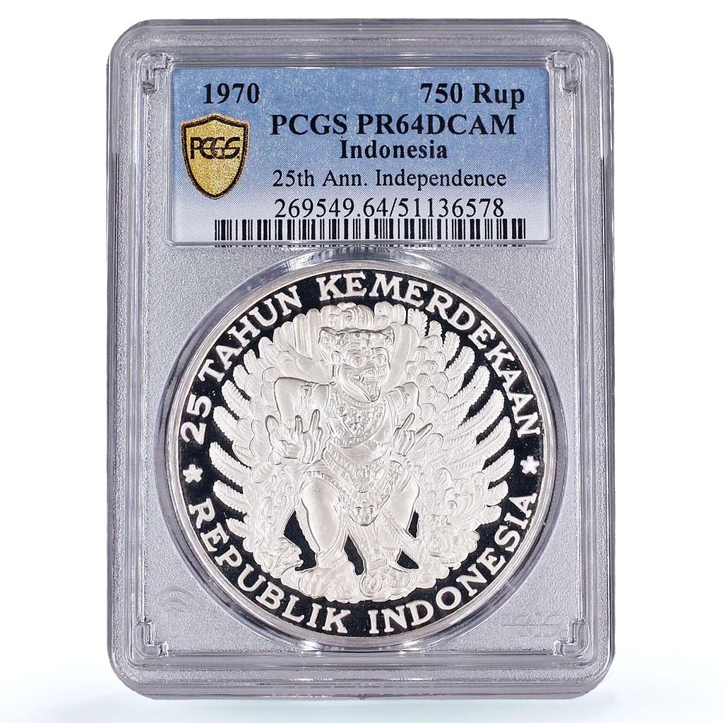 Indonesia 750 rupiah Garuda Bird Independence KM-26 PR64 PCGS silver coin 1970
