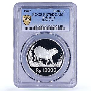 Indonesia 10000 rupiah Pig Boar Conservation Fauna PR70 PCGS silver coin 1987