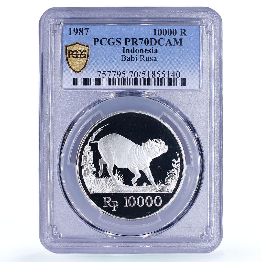 Indonesia 10000 rupiah Pig Boar Conservation Fauna PR70 PCGS silver coin 1987