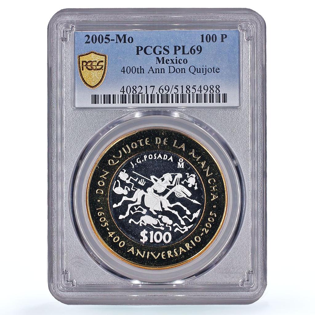 Mexico 100 pesos Don Quijote Cervantes Literature PL69 PCGS bimetal coin 2005