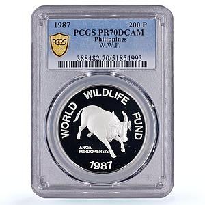 Philippines 200 piso Mindoro Bull Wildlife WWF Fauna PR70 PCGS silver coin 1987