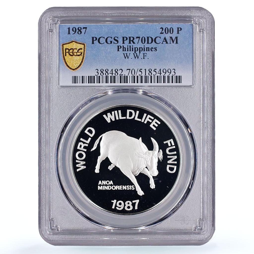 Philippines 200 piso Mindoro Bull Wildlife WWF Fauna PR70 PCGS silver coin 1987