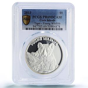 Cook Islands 5 dollars Tiger Young Wildlife Fauna PR69 PCGS silver coin 2013