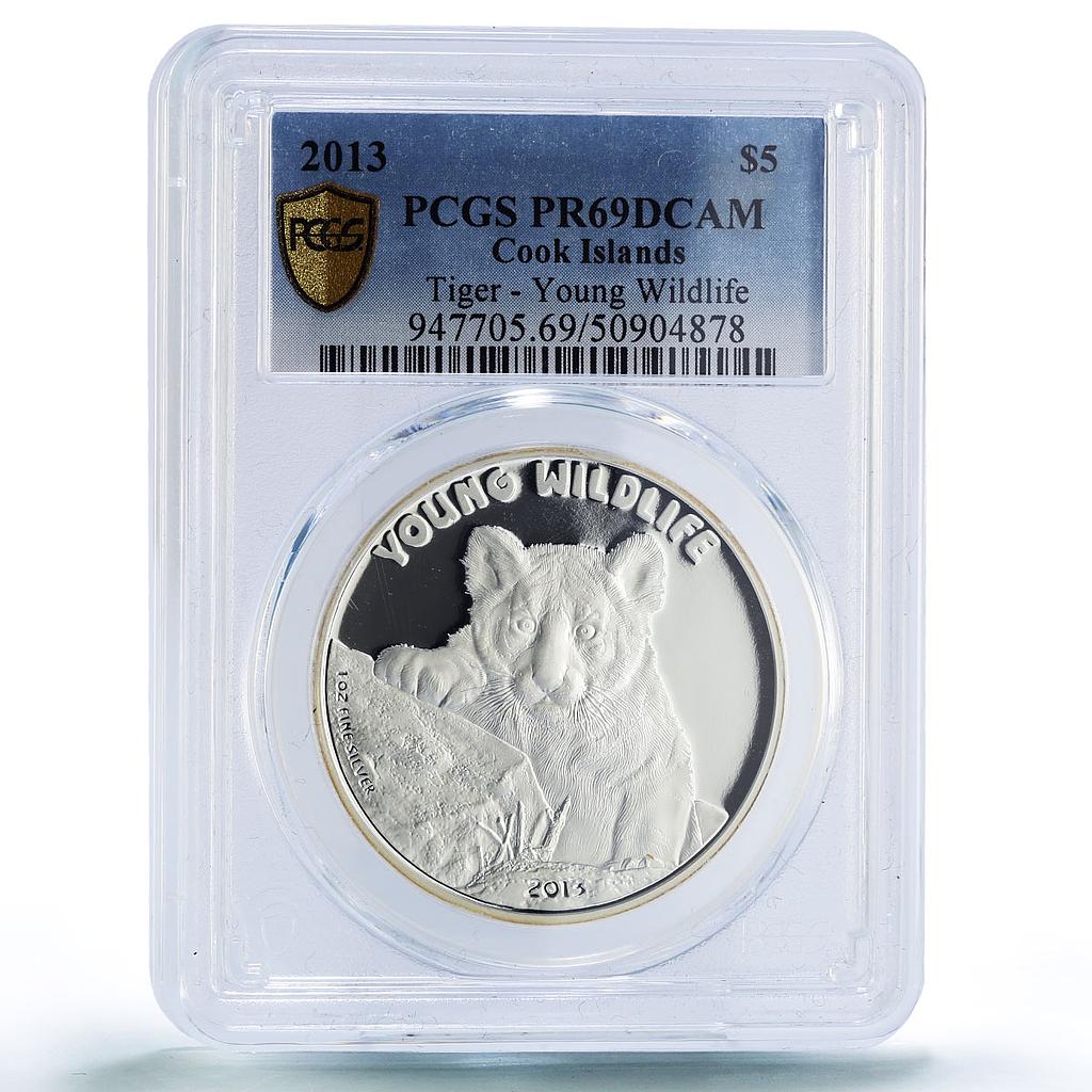 Cook Islands 5 dollars Tiger Young Wildlife Fauna PR69 PCGS silver coin 2013