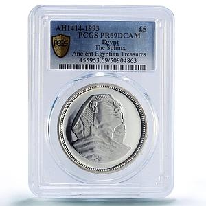 Egypt 5 pounds Sphinx Sculpture Ancient Treasures PR69 PCGS silver coin 1993