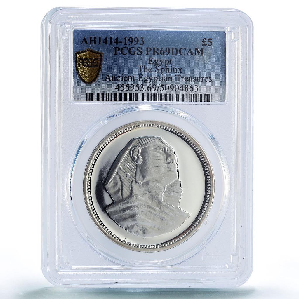 Egypt 5 pounds Sphinx Sculpture Ancient Treasures PR69 PCGS silver coin 1993