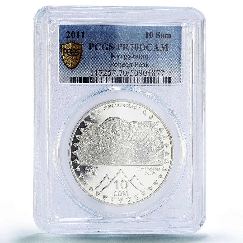Kyrgyzstan 10 som Victory Pobeda Peak Independence PR70 PCGS silver coin 2011