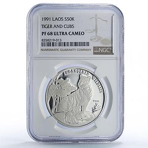 Laos 50 kip Tiger Cubs Endangered Wildlife Fauna PF68 NGC silver coin 1991