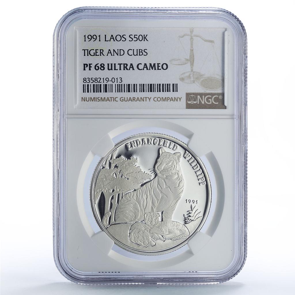 Laos 50 kip Tiger Cubs Endangered Wildlife Fauna PF68 NGC silver coin 1991 Laos 50 kip Tiger Cubs Endangered Wildlife Fauna PF68 NGC silver coin 1991