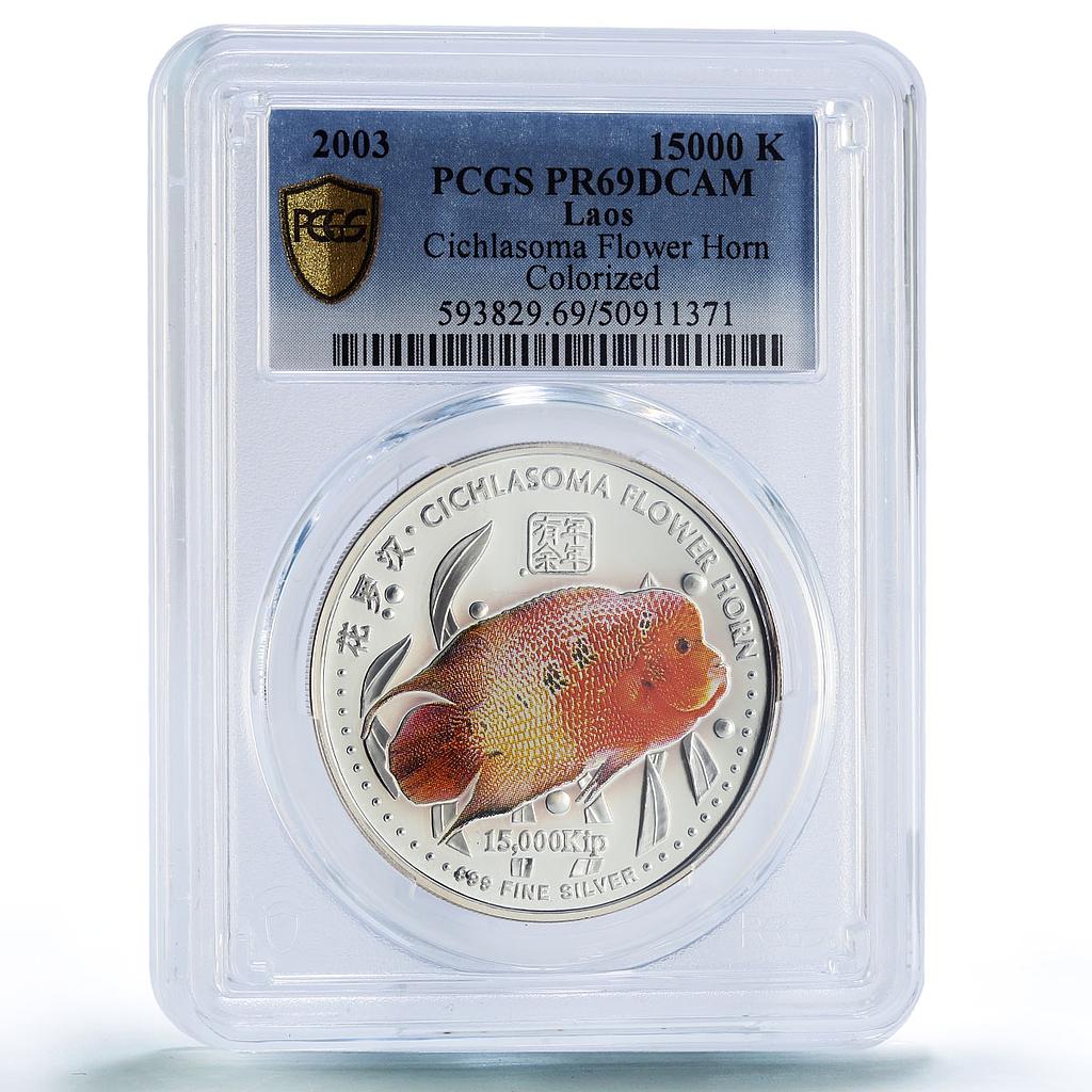 Laos 15000 kip Cichlasoma Flower Horn Fish Fauna PR69 PCGS silver coin 2003