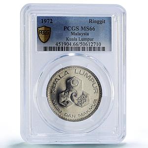 Malaysia 1 ringgit Kuala Lumpur City Anniversary KM-12 MS66 PCGS CuNi coin 1972