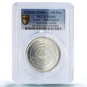 Nepal 250 rupees Red Cross Society Jubilee MS66 PCGS silver coin 1988