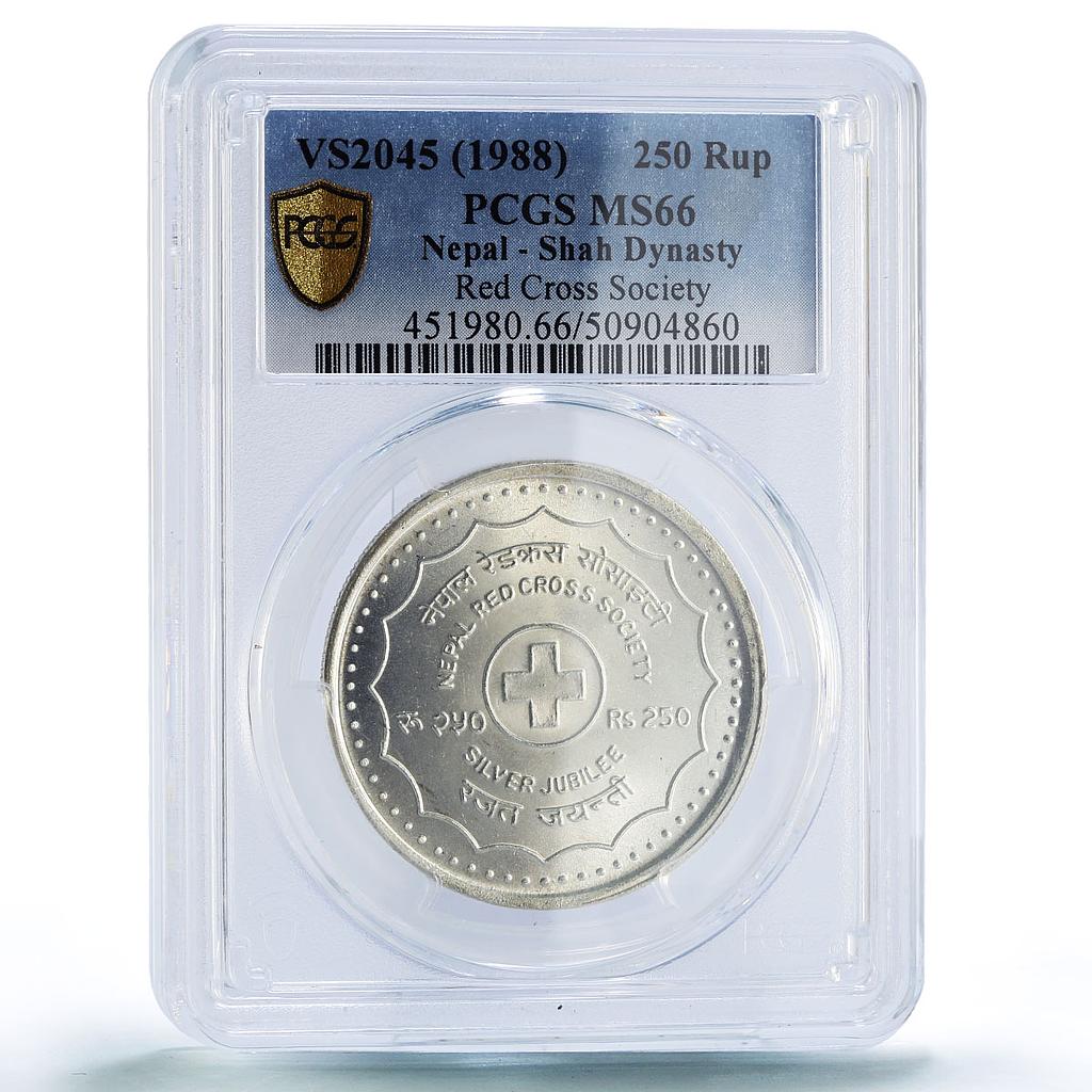 Nepal 250 rupees Red Cross Society Jubilee MS66 PCGS silver coin 1988