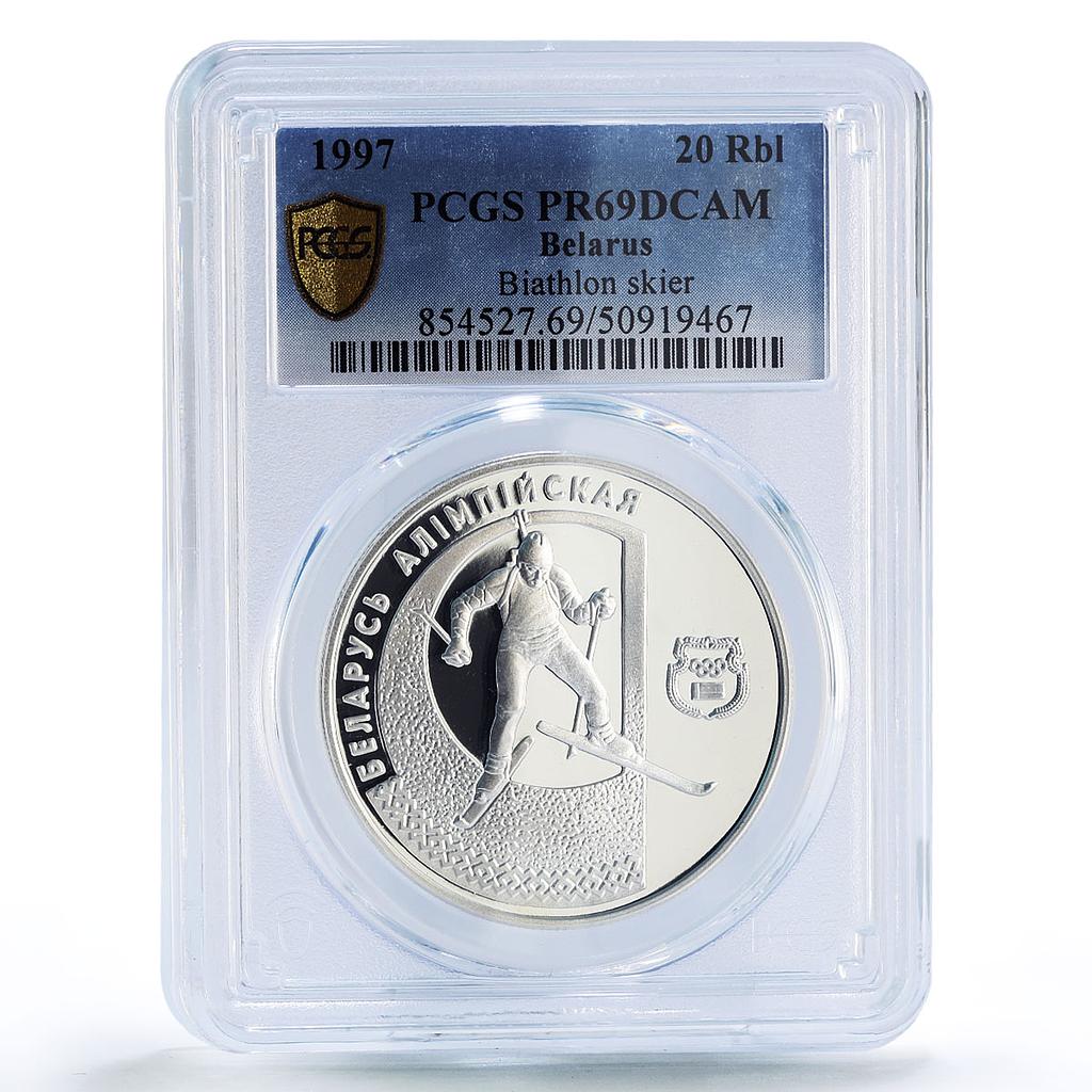 Belarus 20 roubles Biathlon Skier Olympics Sports PR69 PCGS silver coin 1997