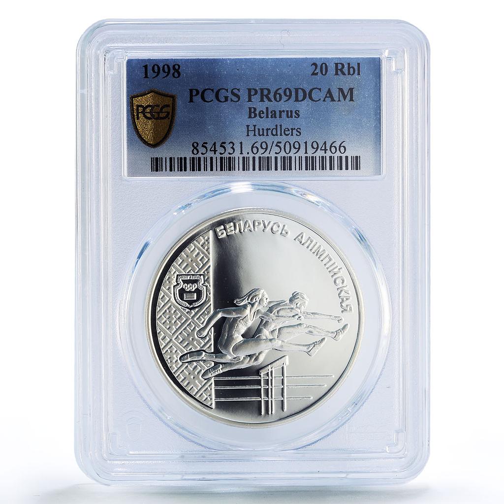 Belarus 20 roubles Hurdlers Olympics Sports PR69 PCGS silver coin 1998