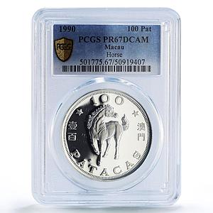 China Macau 100 patacas Horse Year Lunar Calendar PR67 PCGS silver coin 1990