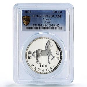 China Macau 100 patacas Horse Year Lunar Calendar PR68 PCGS silver coin 2002