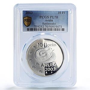 Netherlands Aruba 10 florins Rattlesnake Animals Fauna PL70 PCGS Ag coin 2003