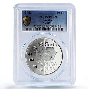 Netherlands Aruba 10 florins Shellfish Animals Fauna PL69 PCGS silver coin 2003