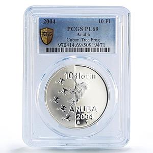 Netherlands Aruba 10 florins Tree Frog Animals Fauna PL69 PCGS silver coin 2004