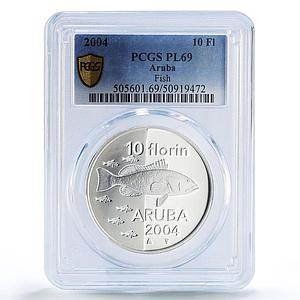Netherlands Aruba 10 florins Fish Animals Fauna PL69 PCGS silver coin 2004