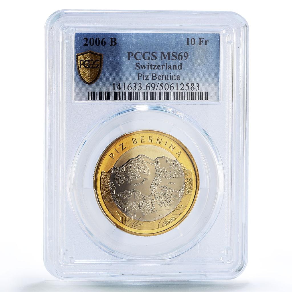 Switzerland 10 francs Piz Bernina Mountains Nature MS69 PCGS bimetal coin 2006