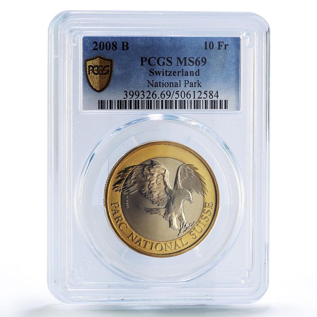 Switzerland 10 francs National Park Eagle Bird Fauna MS69 PCGS bimetal coin 2008