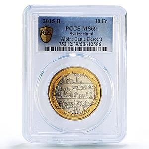 Switzerland 10 francs Return Alps Alpine Descent Horses MS69 PCGS coin 2015