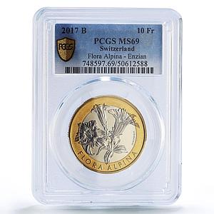Switzerland 10 francs Gentian Enzian Flower Flora MS69 PCGS bimetal coin 2017