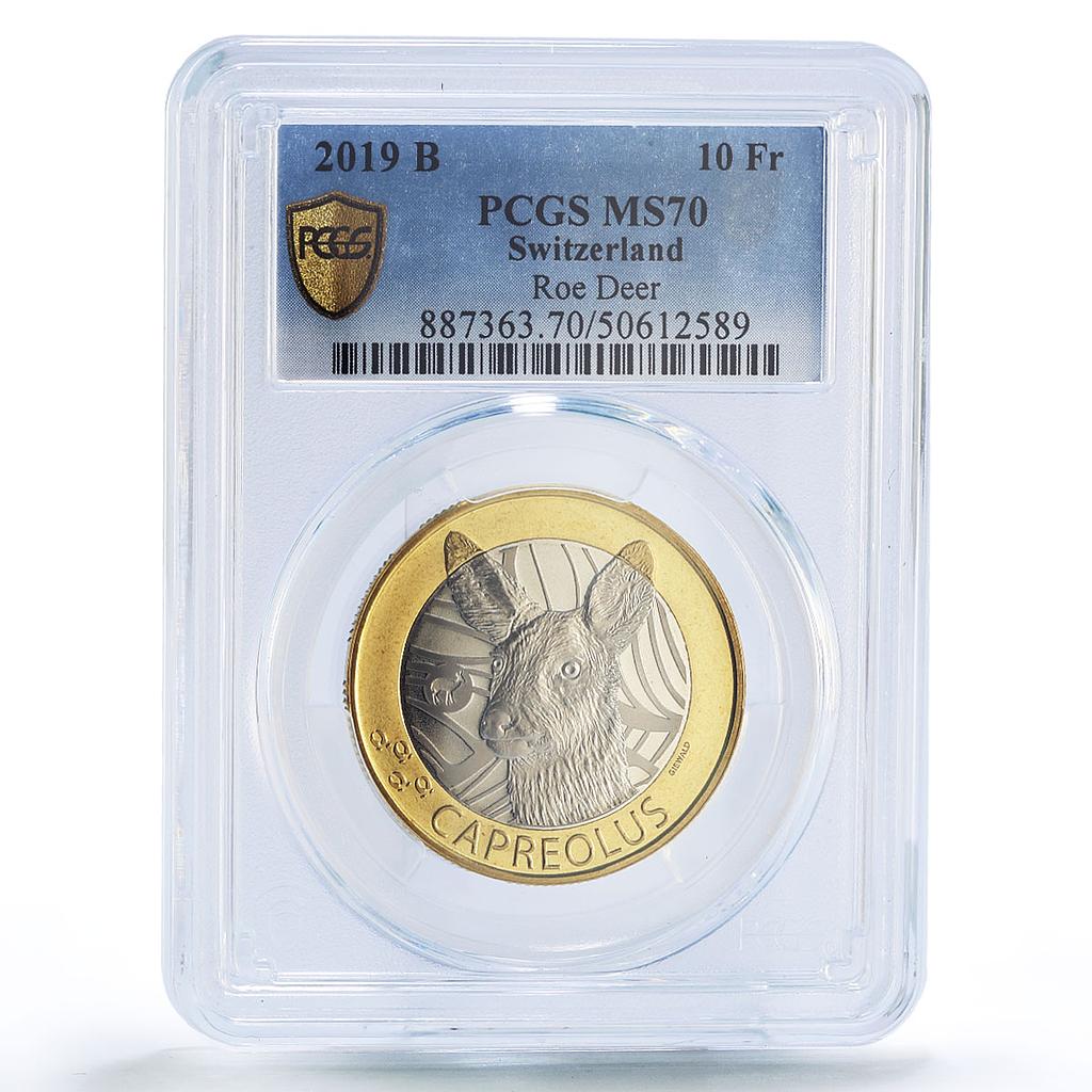Switzerland 10 francs Roe Deer Forest Animals Fauna MS70 PCGS bimetal coin 2019